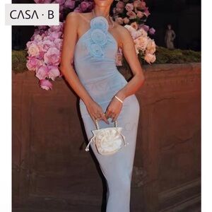 SOON💫CASA B|Isla Azul Sheer Light Blue One-Shoulder Floral Appliqué Halter Dress